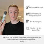 ein Mann zeigt die Matte Styling Paste, daneben sind die Vorteile gelistet: natürlicher Matt-Look, kein Kleben oder Fetten, für alle Haartypen, flexibler Halt den ganzen Tag