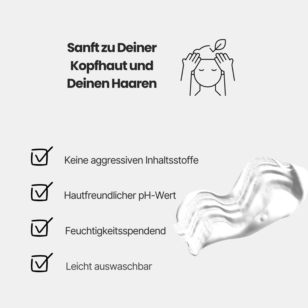 Illustration der Haarstyling Paste und der vier Produktvorteile: keine aggressiven Inhaltsstoffe, hautfreundlicher pH-Wert, feuchtigkeitsspendend, wasserlösliche Formel