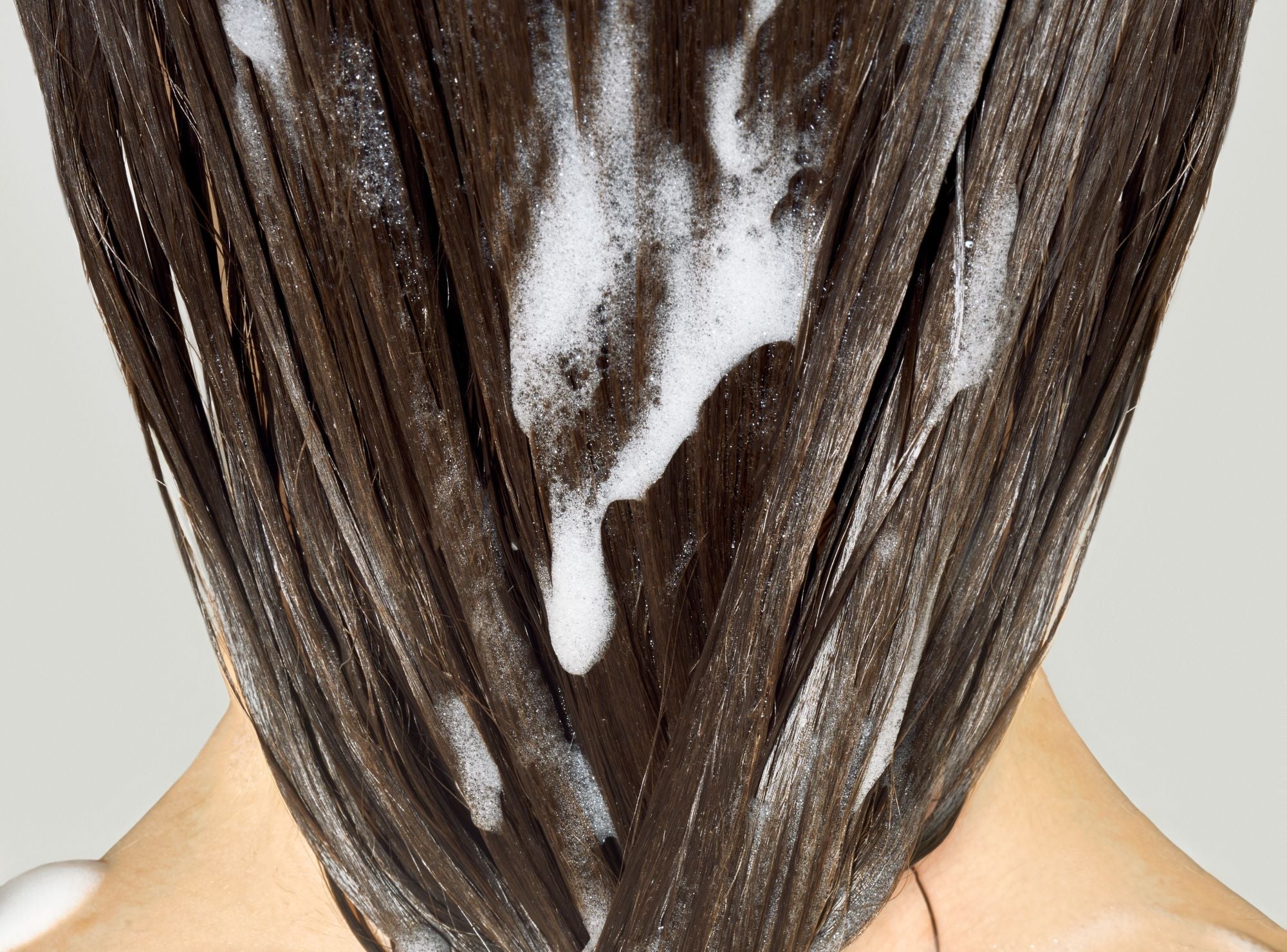 Close-up of wet hair with shampoo foam, sensitive scalp washing routine