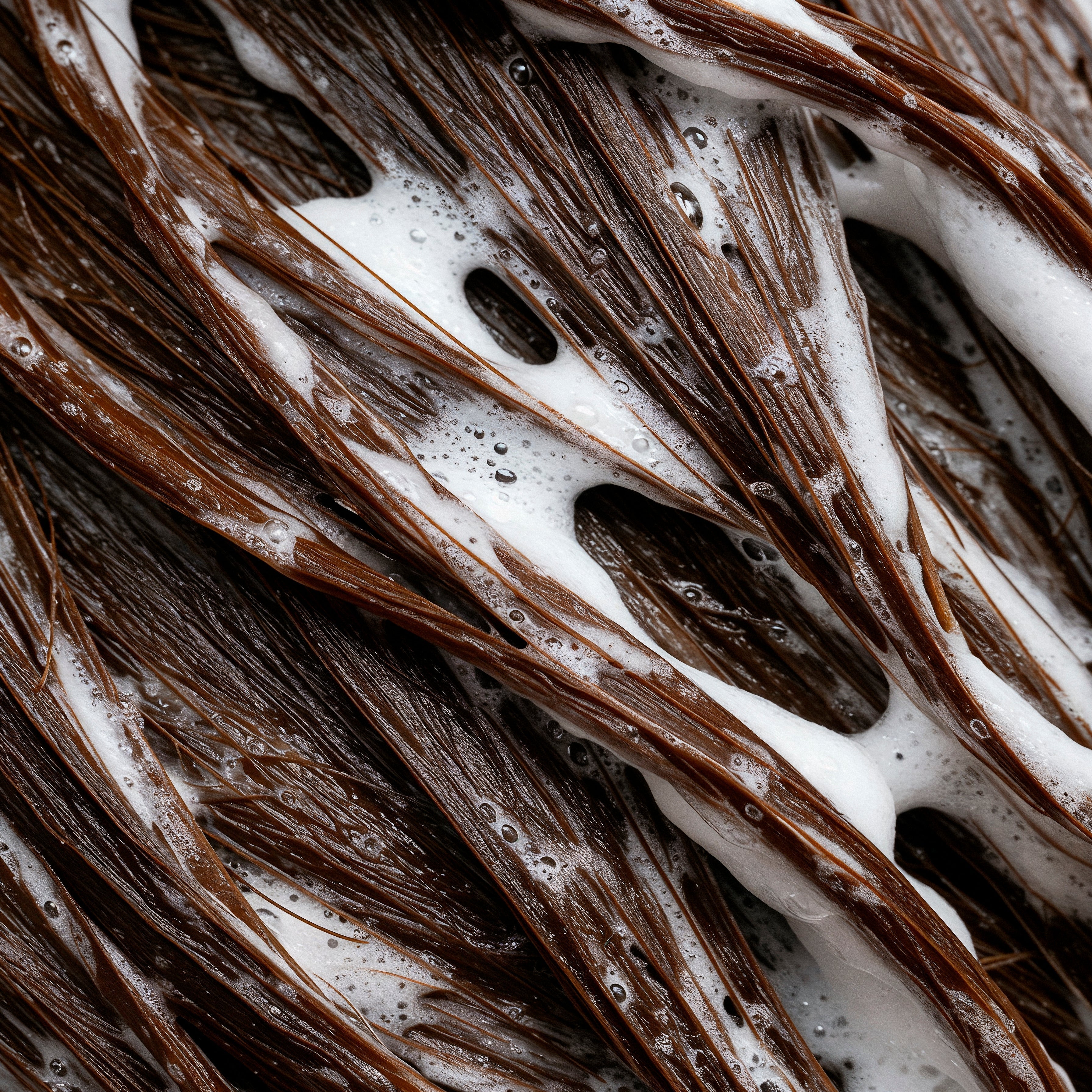 Close-up of hair with shampoo foam, a gentle paraben-free cleanse for a sensitive scalp.