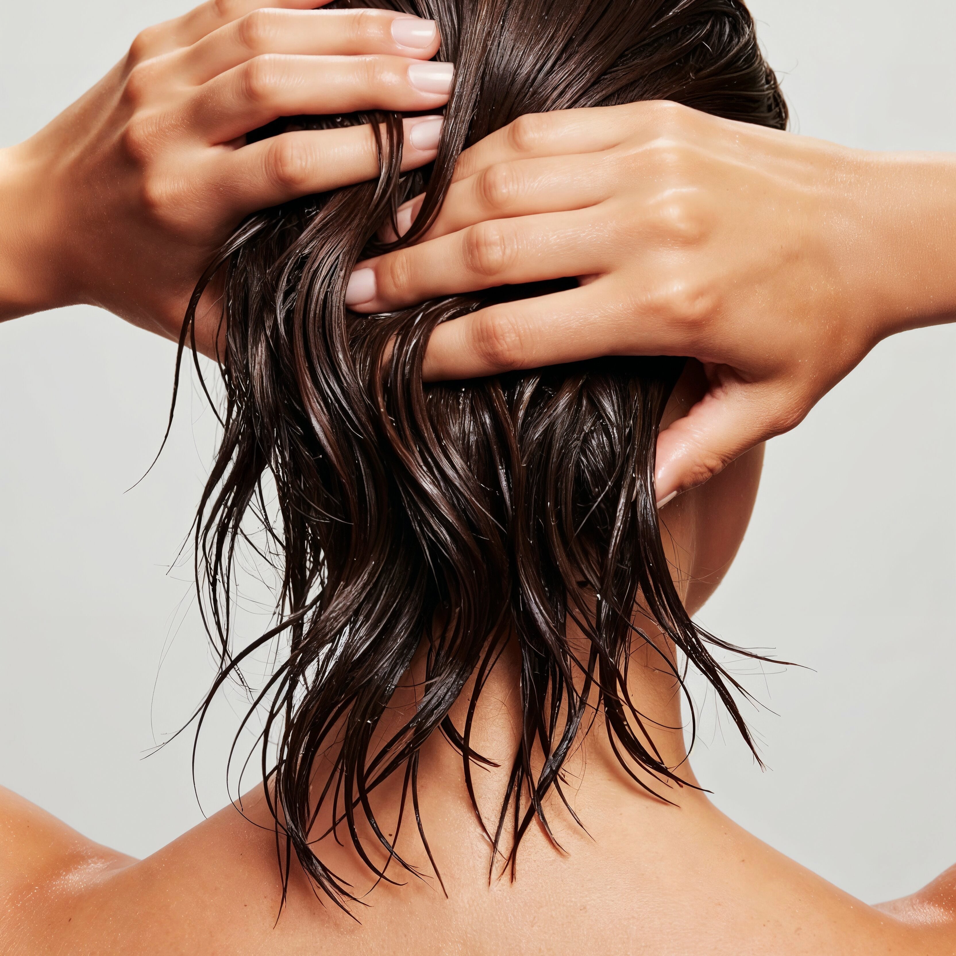 Woman running her hands through wet, smooth hair after washing, part of a silicone-free scalp care routine.